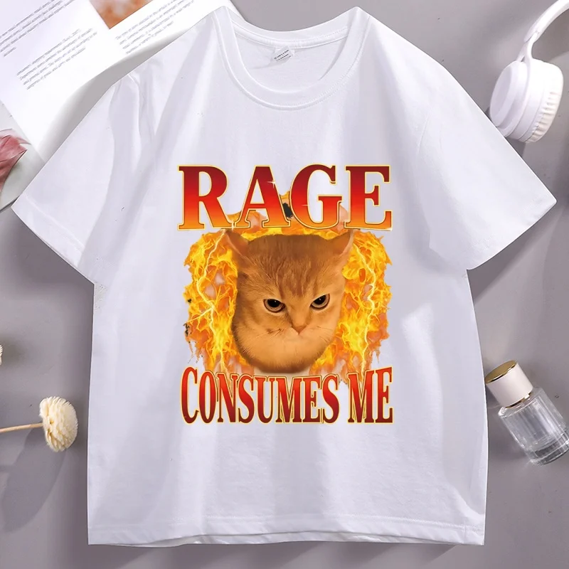 Funny Cat Meme T Shirt Rage Consumes Me T-Shirt for Mens Womens Angry Cat Kitten Graphic Tee Casaul Crewneck Short Sleeve