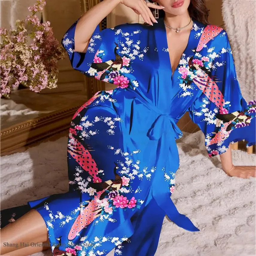 

Plus Size Women Long Robe Kimono Bathrobe Gown Print Peacock Negligee Sleepwear Silky Satin Nightwer Loose Home Dress Lingerie
