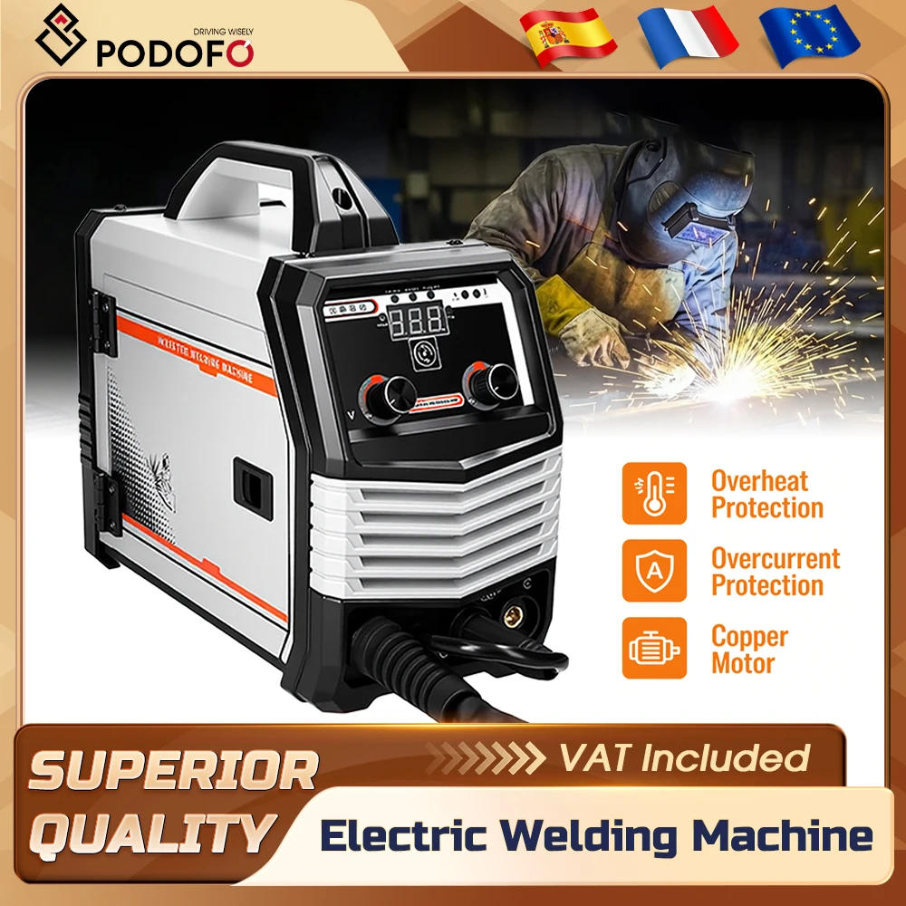 Podofo 4-in-1 MIG/MAG/TIG/MMA Synergische Inverter Lastechniek met Digitaal Display, Oververhittingbeveiliging, Draagbare DIY Lasmachine
