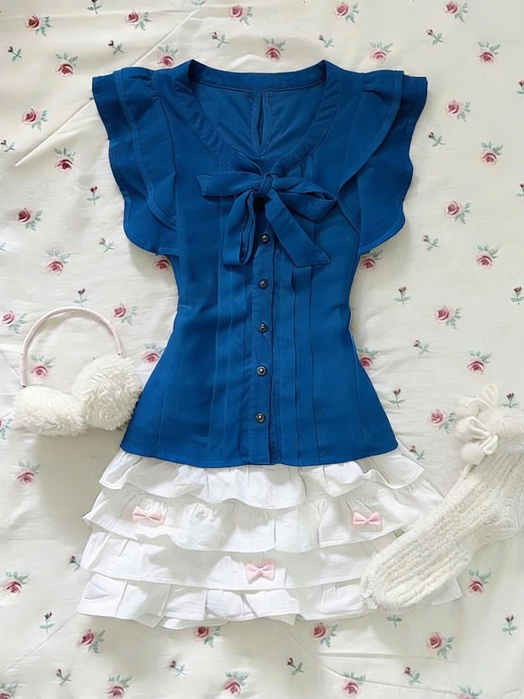 

Sweet Style Half Cherry Plum Original Retro Blue V-neck Blouse Women Summer Slimming Beautiful Top with Lace Trim