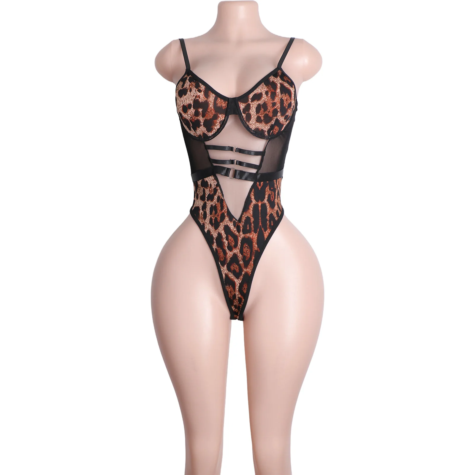 ヒョウ柄 Tバックベルトバックルレオタードボディスーツセクシーなパフォーマンスダンスウェアブラジャータイトな服女性のためのユニークなデザイン