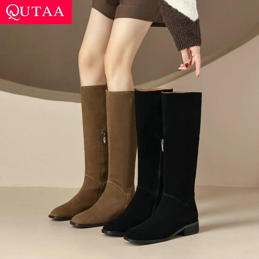 QUTAA 2023 inverno donna stivali alti al ginocchio pelle scamosciata di mucca punta tonda scarpe tacco basso donna moda concisa Casual taglia 34-40