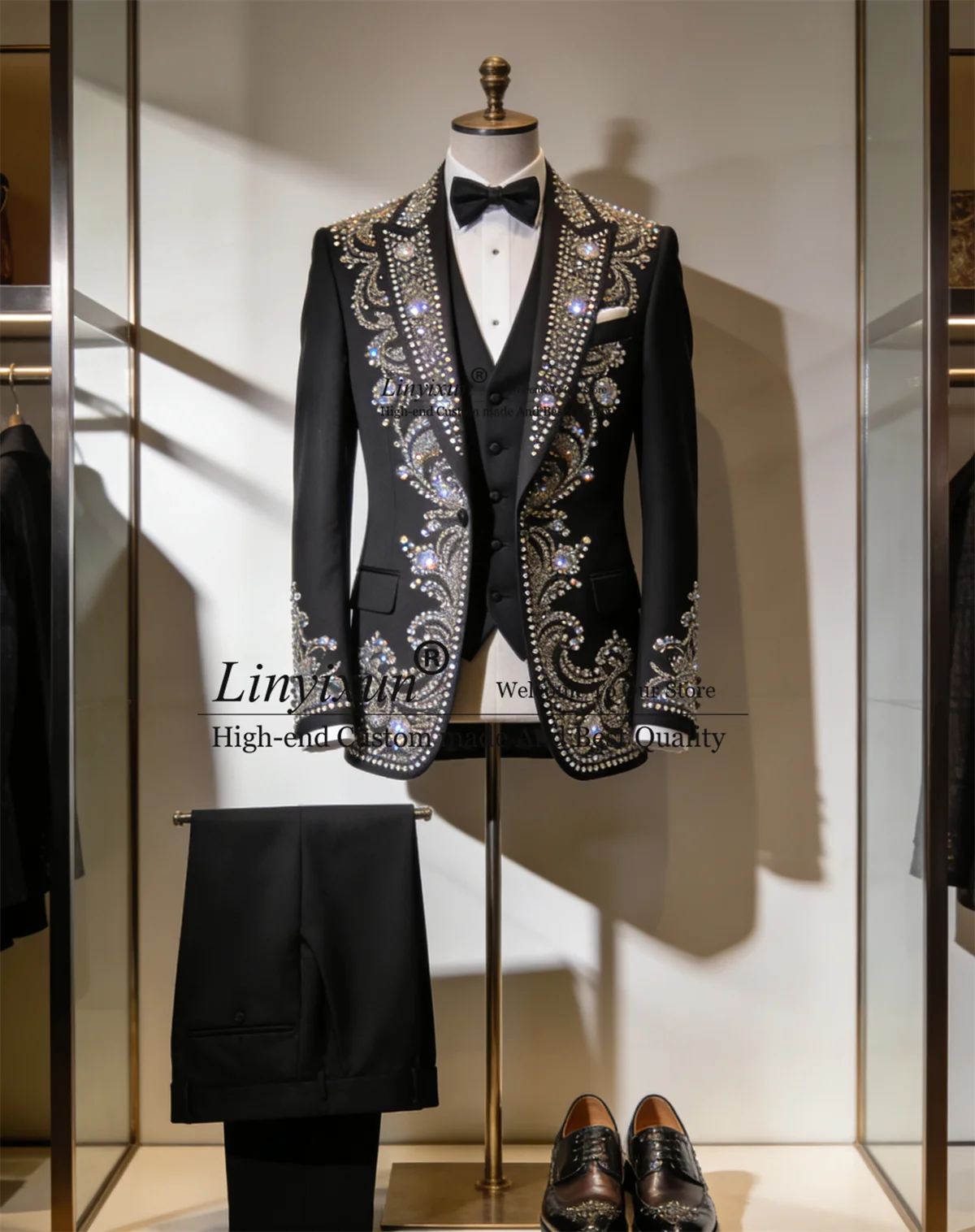 

Handmade Diamond Gem Men Suits 3 Pieces Sets Party Groom Blazers Pants Outfit Customized Wedding Tuxedo Slim Fit Costume Homme