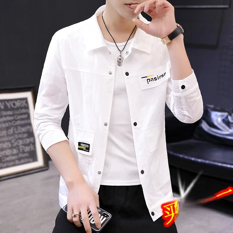 

Men's Summer Thin Casual Collar Jaet Korean Sle Faion Urban Workwear Polyester Fiber Long Sve Sun Protection irt