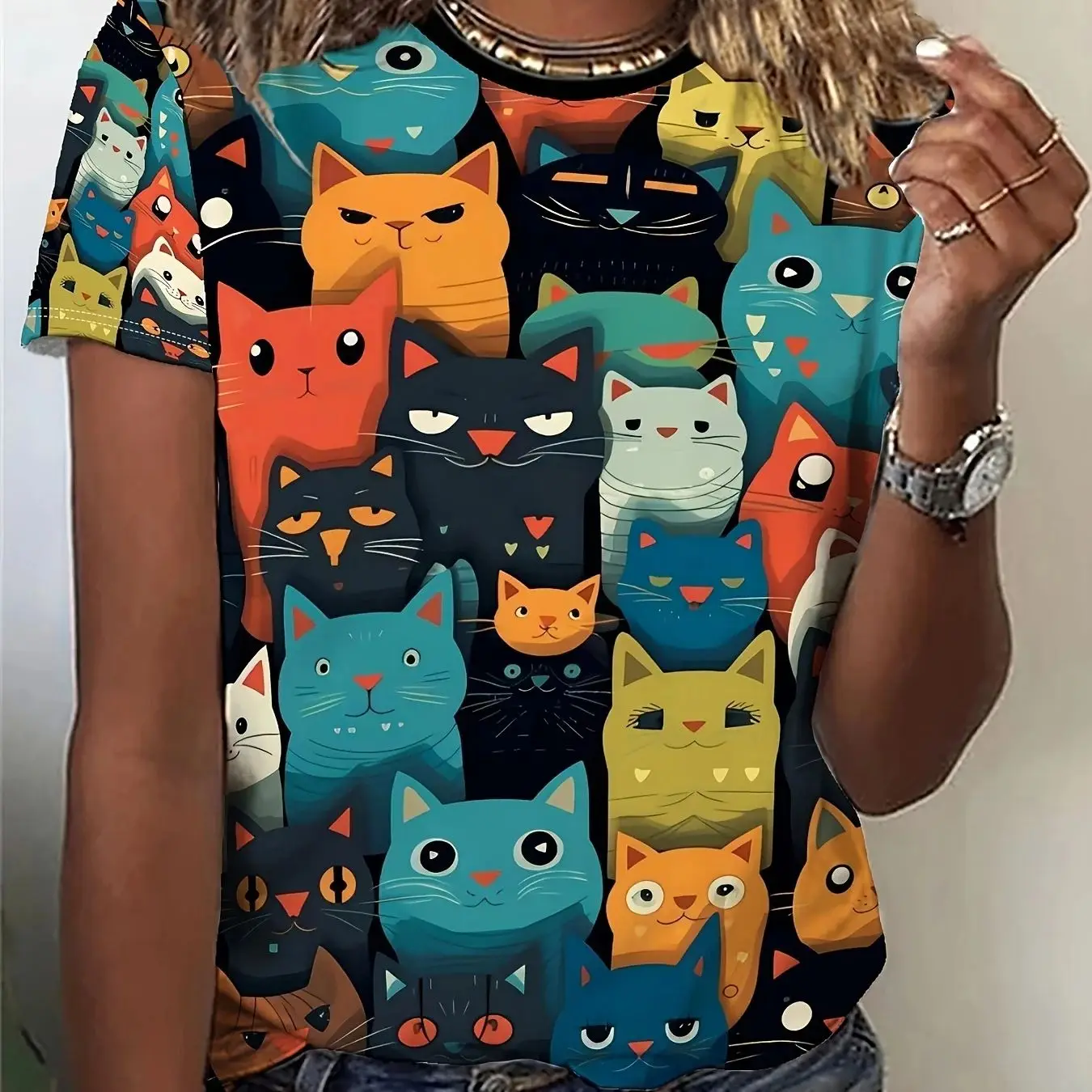 Camiseta de cuello redondo con estampado de gatos para mujer, bonita camiseta de manga corta para primavera y verano, ropa de manga corta, gran oferta, y2k