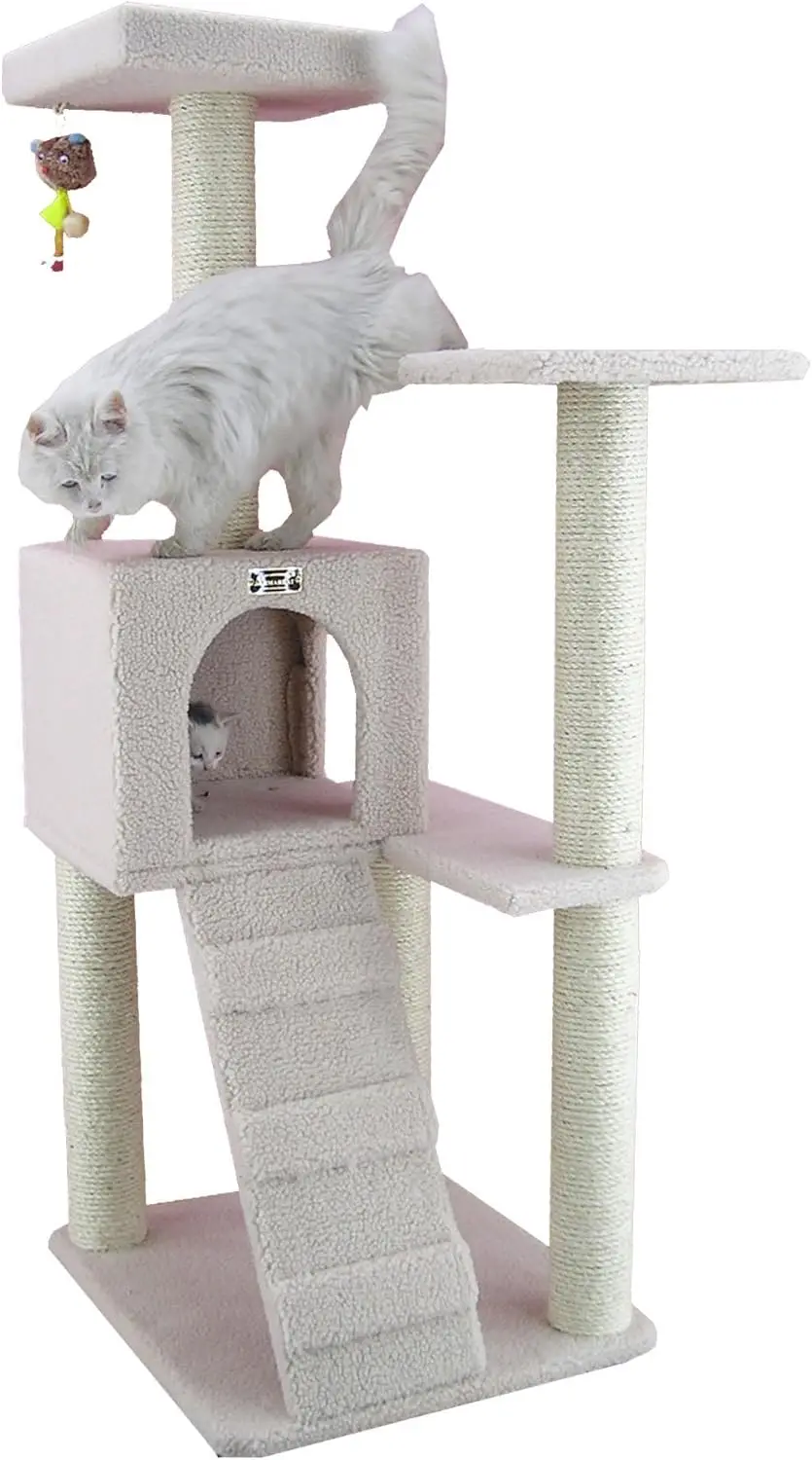 

53-Inch Tall Cat Tree with Multiple Levels, Soft Velvet Cushions, Scratch Posts, and Hidden Hideaway for Indoor Cats – Ivory