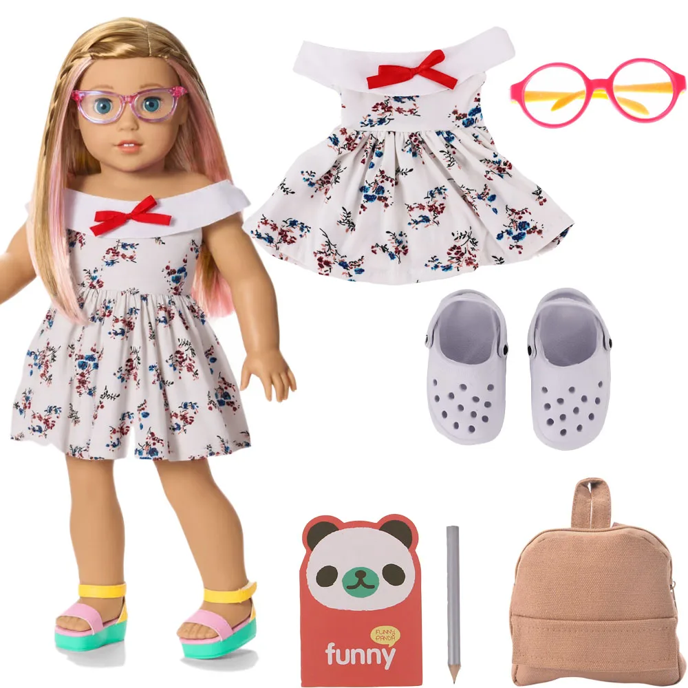 

5Pcs Doll Accessories Dress+Sandals+Book+Backpack+Glasses For 43CM Born Baby Doll&18Inch American Doll Clothes,Festival Gift Toy