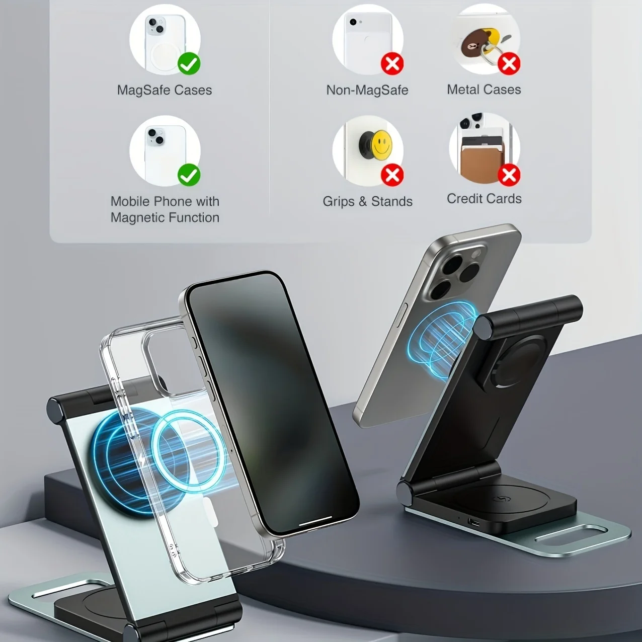 حامل سطح المكتب للشحن اللاسلكي 3 في 1 من سبائك الألومنيوم قابل للطي لهواتف Apple المغناطيسية وسماعات الأذن والساعات #2