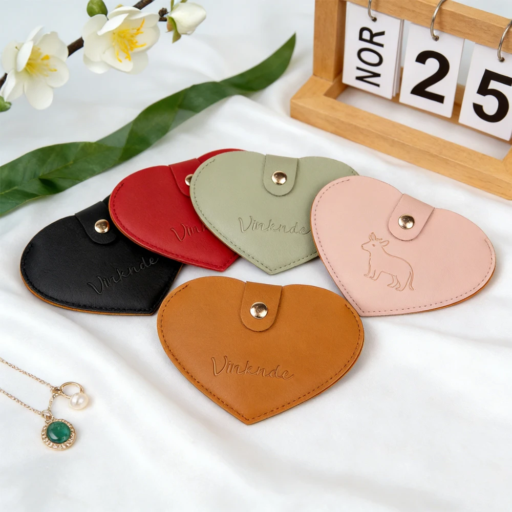 

Customized Logo 12x8cm Heart Shape Jewelry Bag PU Leather Snap Button Bags Ring Earring Necklace Pendant Bracelet Stud Organizer