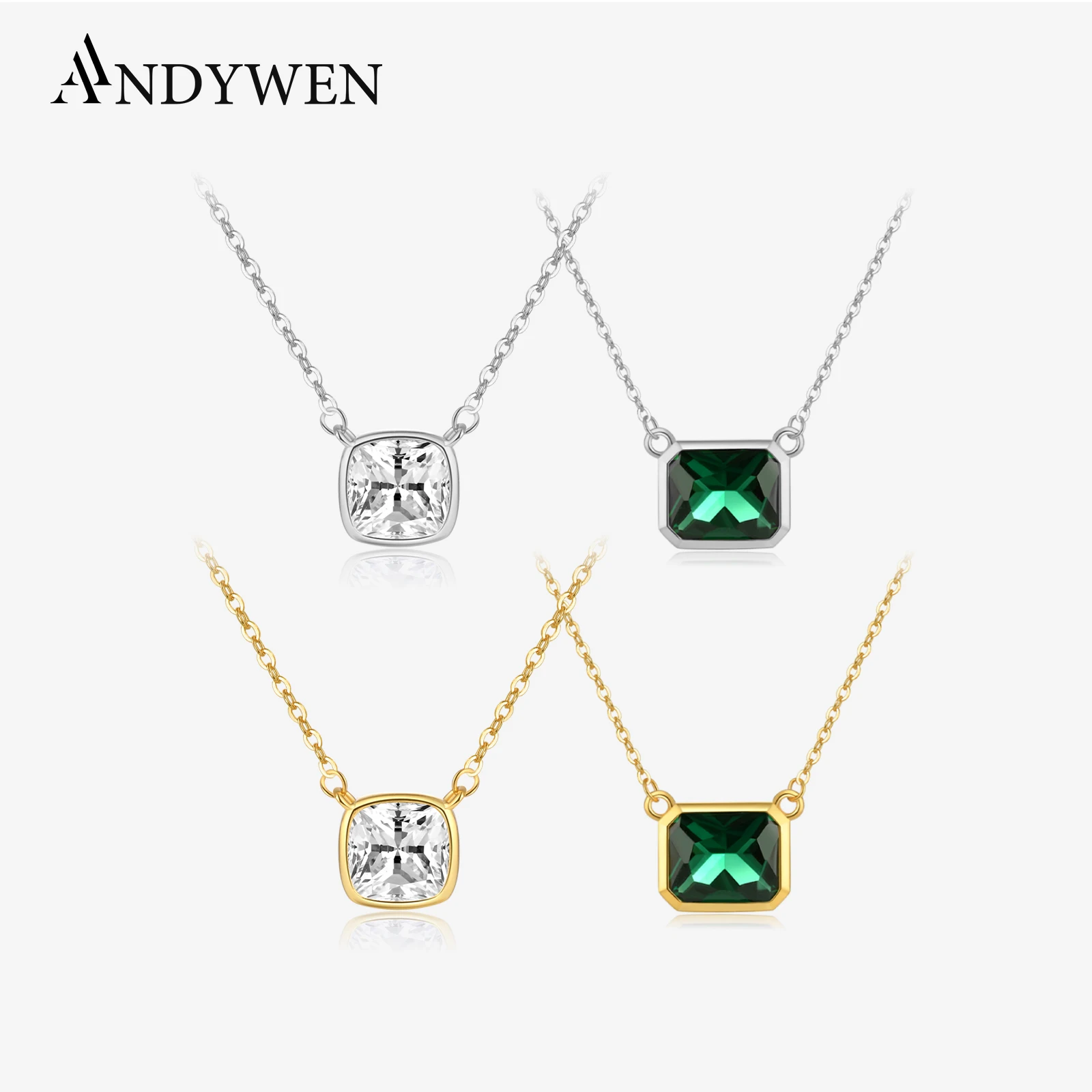 ANDYWEN 925 Sterling Silver Oro Smeraldo CZ Collana con pendente in cristallo quadrato Catena lunga Gioielleria raffinata di lusso 2023 Gioielli da