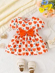 Summer Baby Cute New Sweet Casual Comfortable Breathable Short Sleeve Dress Love Print Pattern Bow Decoration