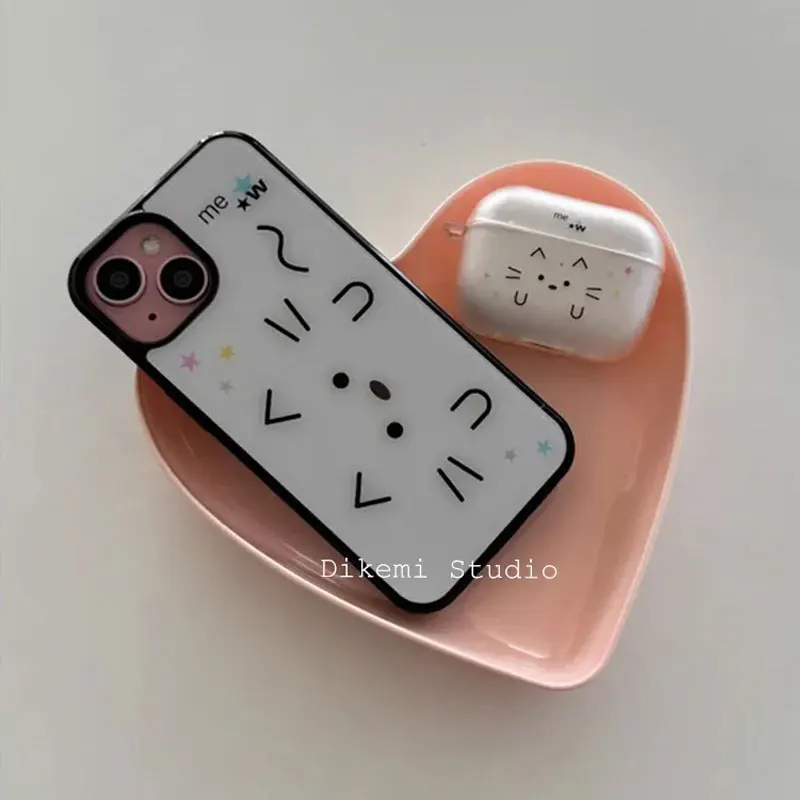 الكورية Ins المتخصصة خط بسيط القط شخصية الكتابة على الجدران جراب هاتف آيفون 16 برو ماكس 15 14 13 12 11 Xr Xs ماكس 7 8 زائد غطاء #2