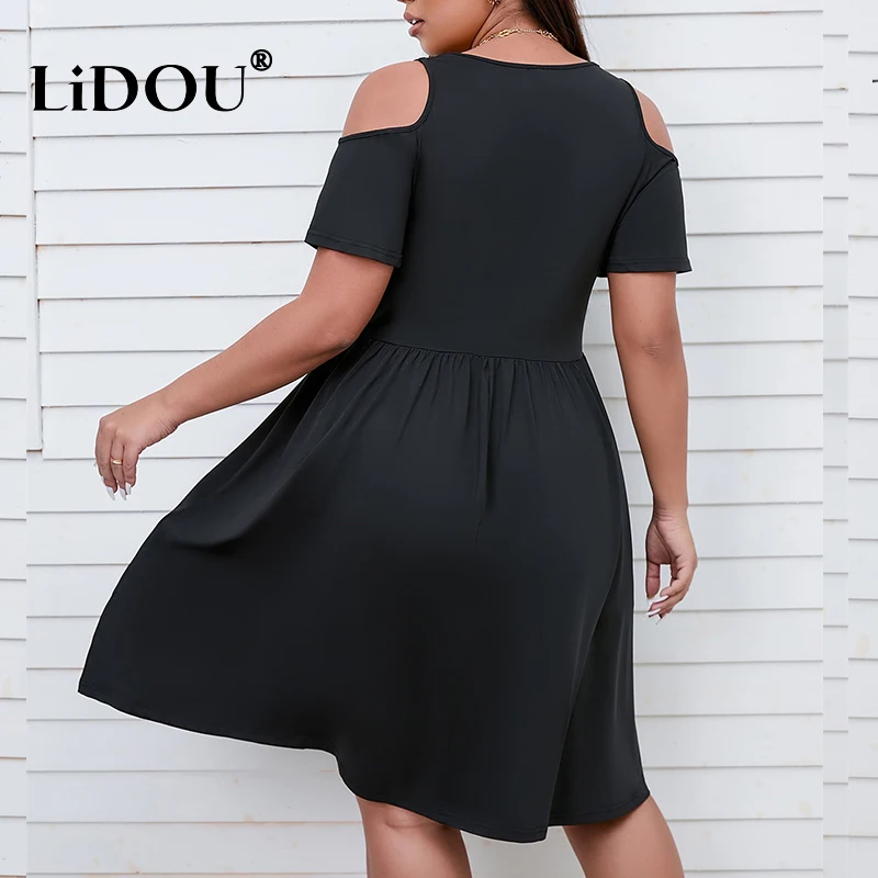 Summer Fashion Solid Color Plus Size Aesthetic Dress Women Elegant Sexy Chic Simple Short Sleeve Strapless Vestidos De Fiesta