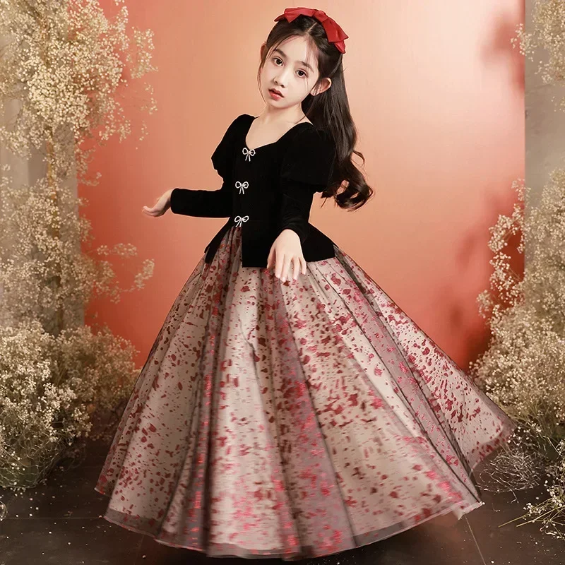 Girls Satin Mesh Tutu long Gown Children French Bubble Sleeve Princess Dress Christmas Prom Dress Birthday New Year Gift 3-15Y