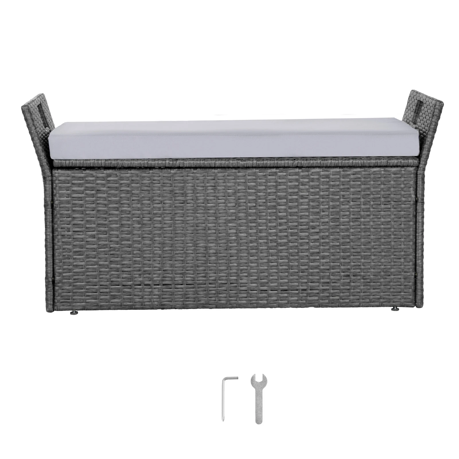 

Скамейка-ящик для хранения SucceBuy Outdoor Storage Bench 2Person из ротанга PE, 40 галлонов, с подушкой и боковой ручкой, выдерживает до 400 фунтов, всепогодная, для патио