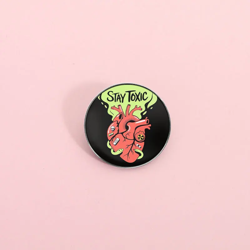 American punk toxic heart brooch STAY TOXIC radiation pill graffiti dark metal badge