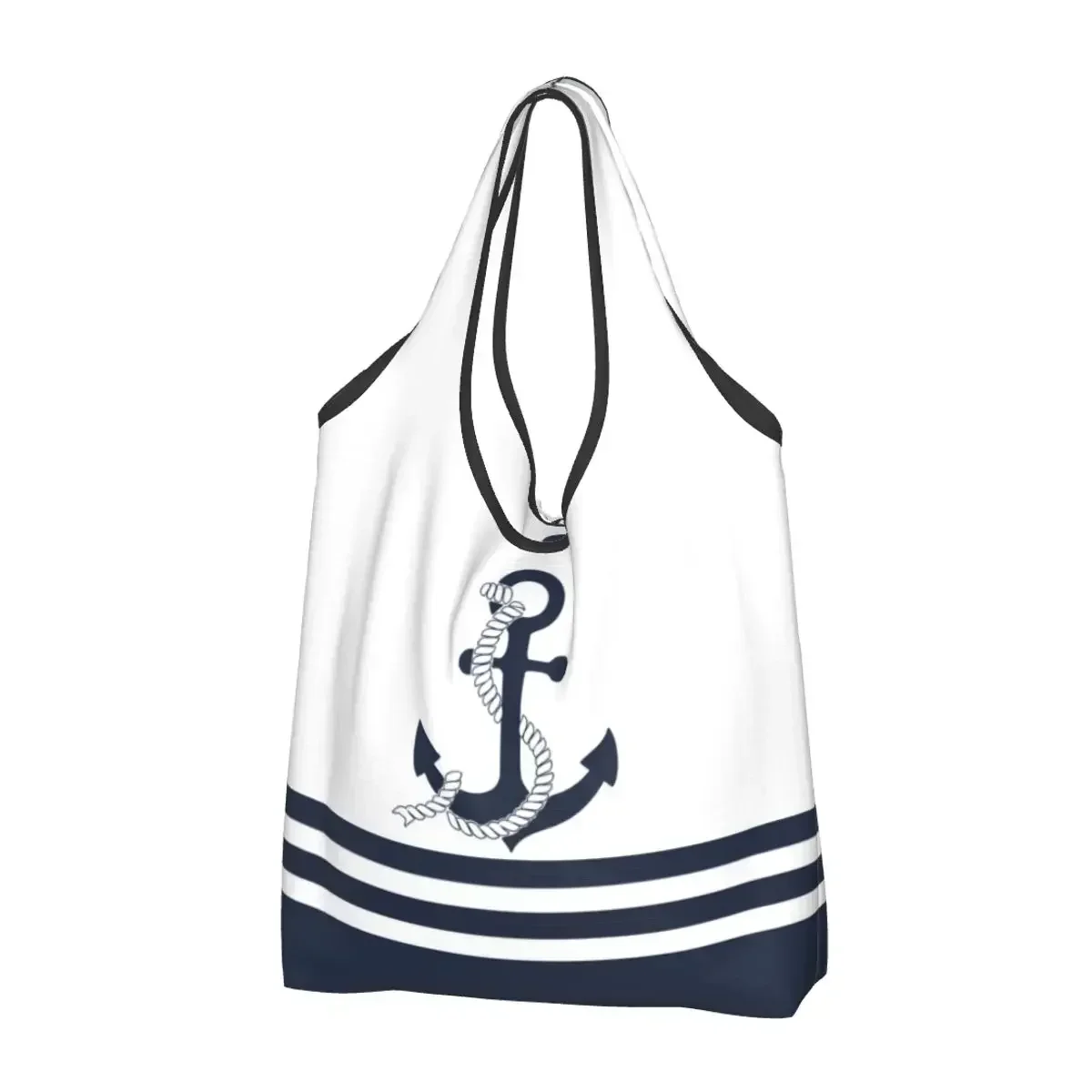 

Printed Nautical Blue Anchors With Blue And White Stripes Tote Shopping Bag Portable Shoulder Shopper Sailing Sailor Handbag