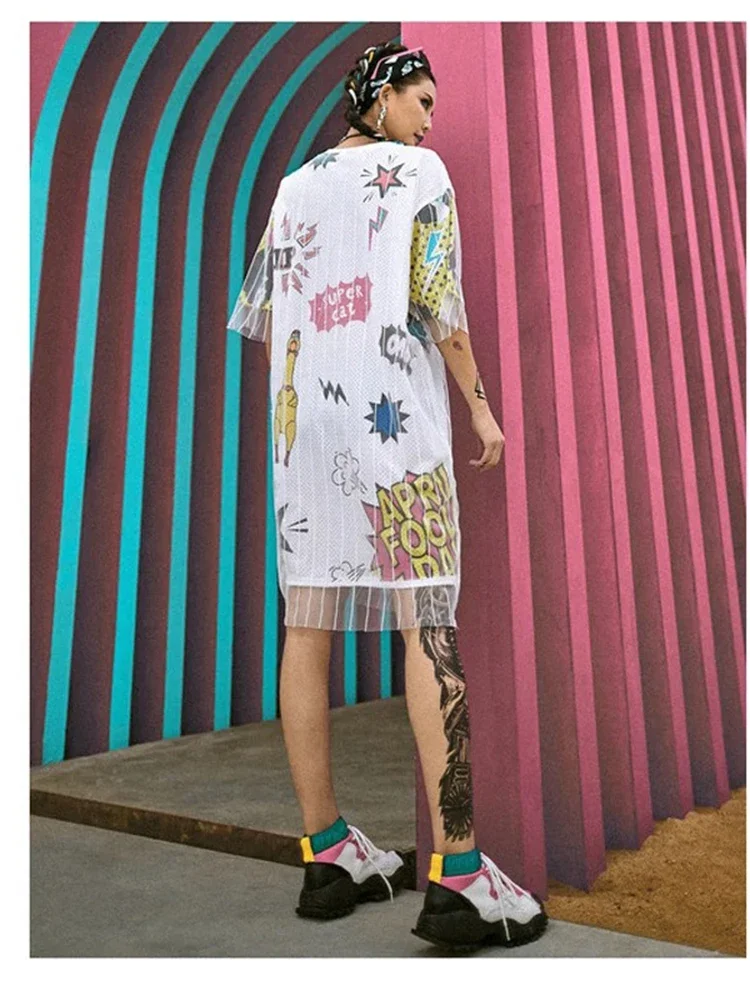 여름 여성 힙합 드레스 조수 브랜드 대형 가짜 투피스 메쉬 티셔츠 드레스 여성 레트로 헤드 샷 공주 드레스 GD296