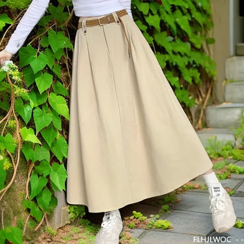 

Cotton Blends All-Match Autumn Winter Skirt With Belt Women Preppy Style Girls Korean Design Solid Cute High Waist Long Skirts