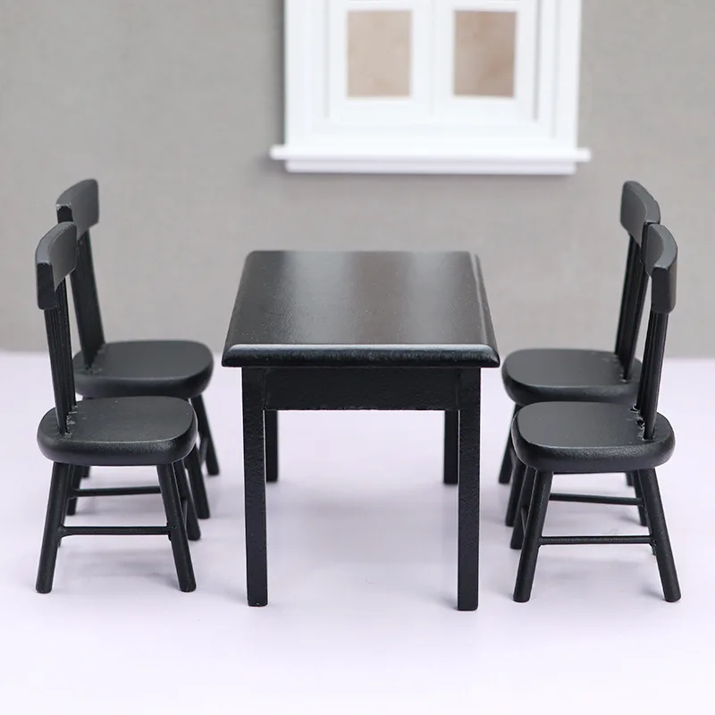 

5pcs dollhouse table and chairs black 1/12 Miniature Furniture Mini Scene ob11 Doll House Decoration Accessories Toys