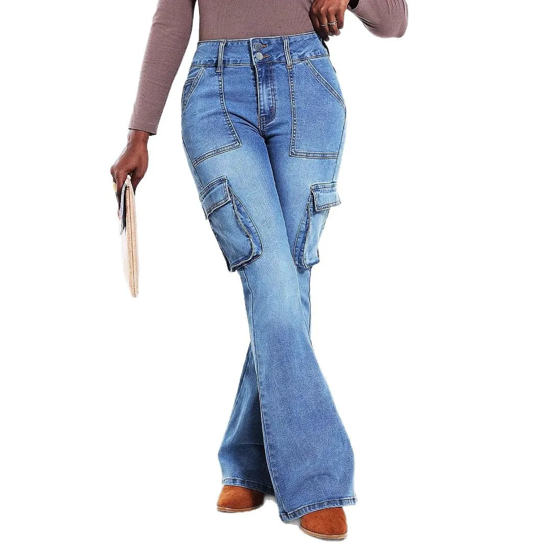 Europa Amerika Nieuwe gewassen jeans met meerdere zakken. Vier seizoenen nieuwe modieuze casual micro-uitlopende werkkledingjeans voor dames