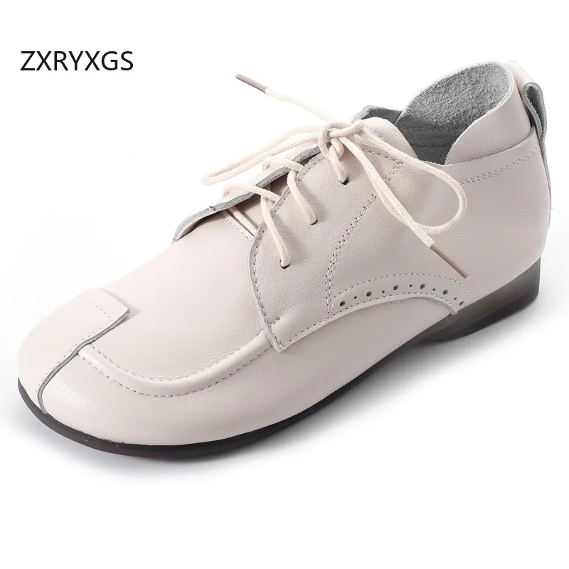 ZXRYXGS Top Layer Cowhide Deep Mouth Lace-up Women Flat Shoes 2026 Retro Style Autumn Single Shoes Plus Size Flats Trendy Shoes