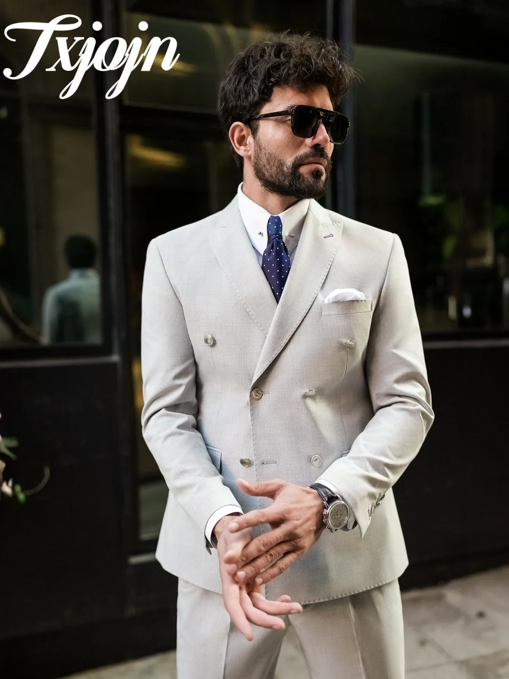 Charming Beige Double Breasted Men Suit Set 2pcs Classic Slim Fit Men Suit For Best Man Performance Suit Trajes For Hombre