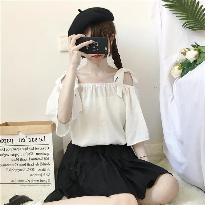 Sweet Off Shoulder Striped Shirts Summer New Short Sleeve Loose Hollow Out Lacing T Shirt Tops Fashion Korean Women Clothing