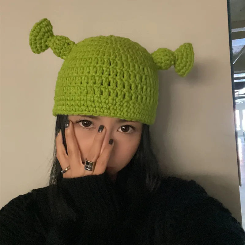 Funny Hat Monster Shrek Green Funny Hats Female Winter Knitted Cap Cute Head Cover Wool Caps Beanie  Gorro