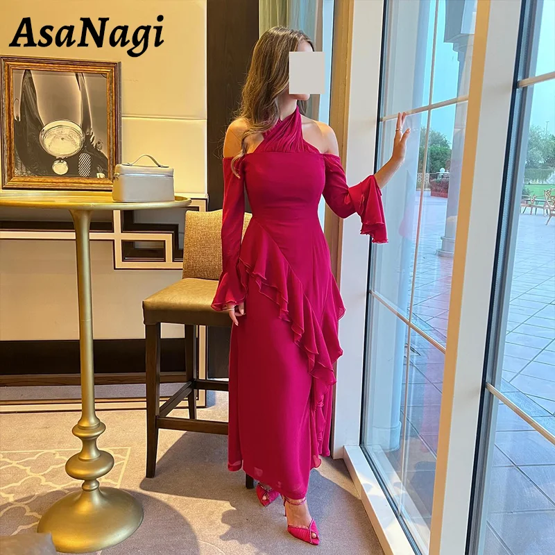 

AsaNagi Sexy Backless Prom Dresses Women's Halter Bell Sleeve Party Evening Gowns Ruffled Ankle Length Special Occasion Dress