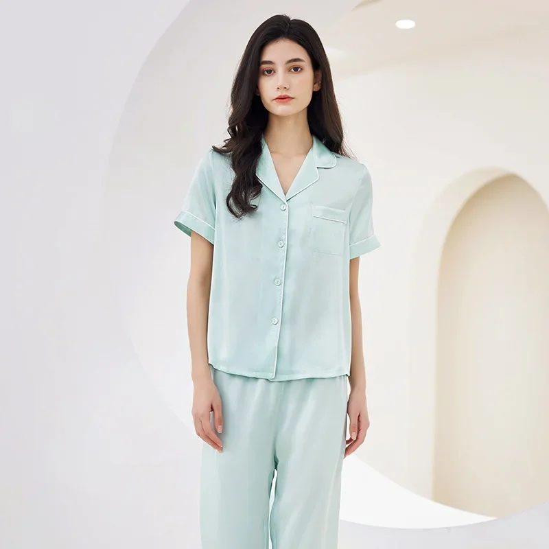 

100% тутовый шелк, брюки с короткими рукавами, повседневный пижамный комплект, однотонная пижама с лацканами, одежда для дома, женская одежда для сна, кардиган, пижамный костюм