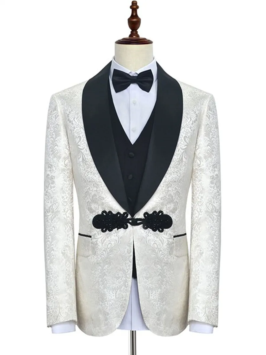 

New Arrival Jacquard Groomsmen Shawl Lapel Groom Tuxedos Men Suits Wedding/Prom Best Man Blazer ( Jacket+Pants+Vest+Tie) A44