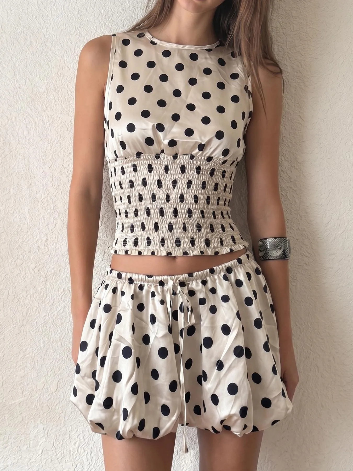 French Satin Big Polka Dot Sleeveless Crop Top Bubble Shorts Set Smocked Waist Two Piece Outfit