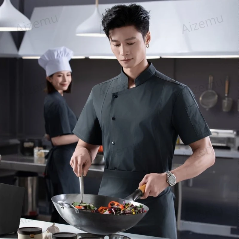 men short sleeve Chef Uniform white Breathable Chef Shirt Restaurant Kitchen  black Chef Jacket apron works clothes women logo