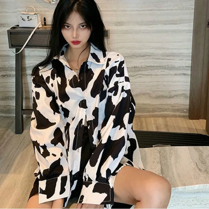 Shirts Womens Cow Pattern Printing Hot Sale Design Turn Down Collar Casual Loose Korean Style Cool Ulzzang Chic Autumn Fashion