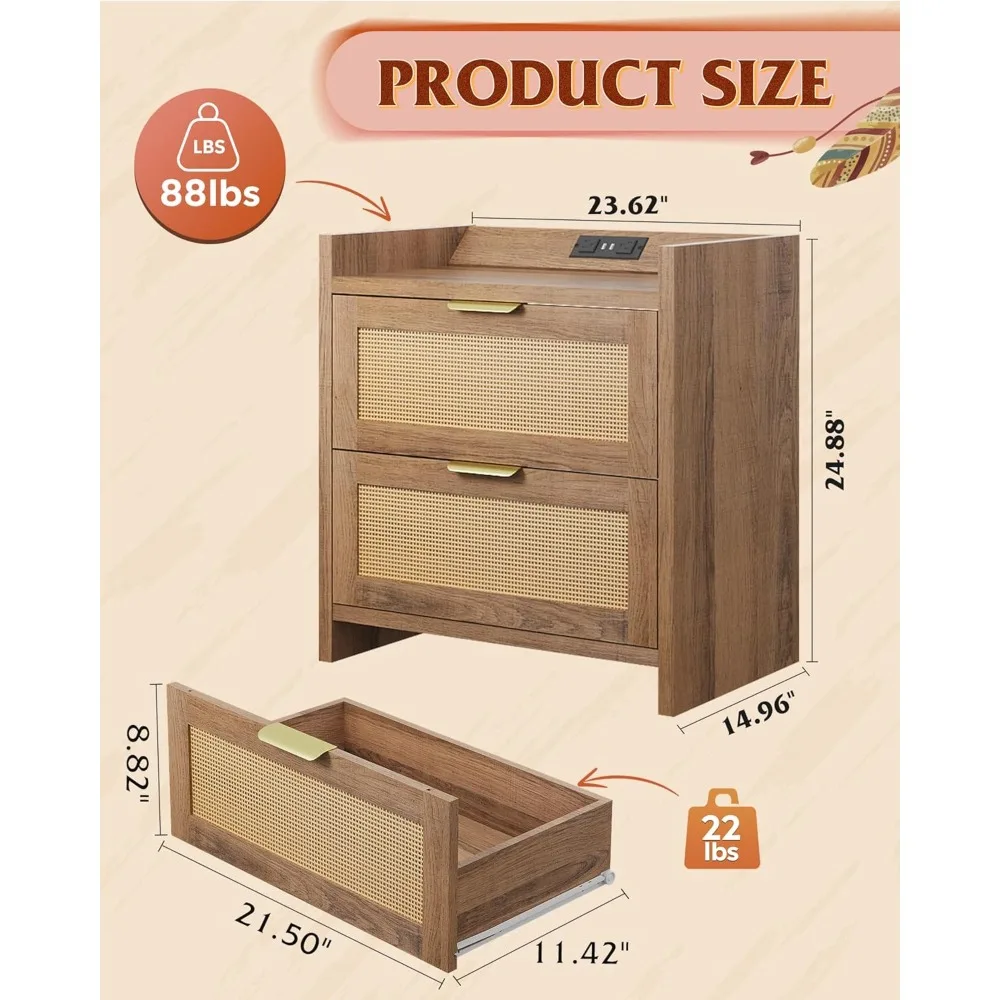 침대 옆 탁자, 충전 스테이션이 있는 침대 옆 탁자, 서랍 2개가 있는 보헤미안 스타일 침대 옆 테이블, 침실용 엔드 테이블, 거실용