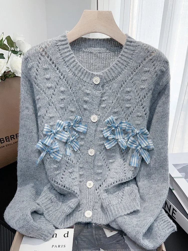 

2025 Gentle Bowknot Hollow Out Sweater Coat Autumn Winter New Loose Short Knitted Unif Cardigan Beautiful Top Fashion Tops