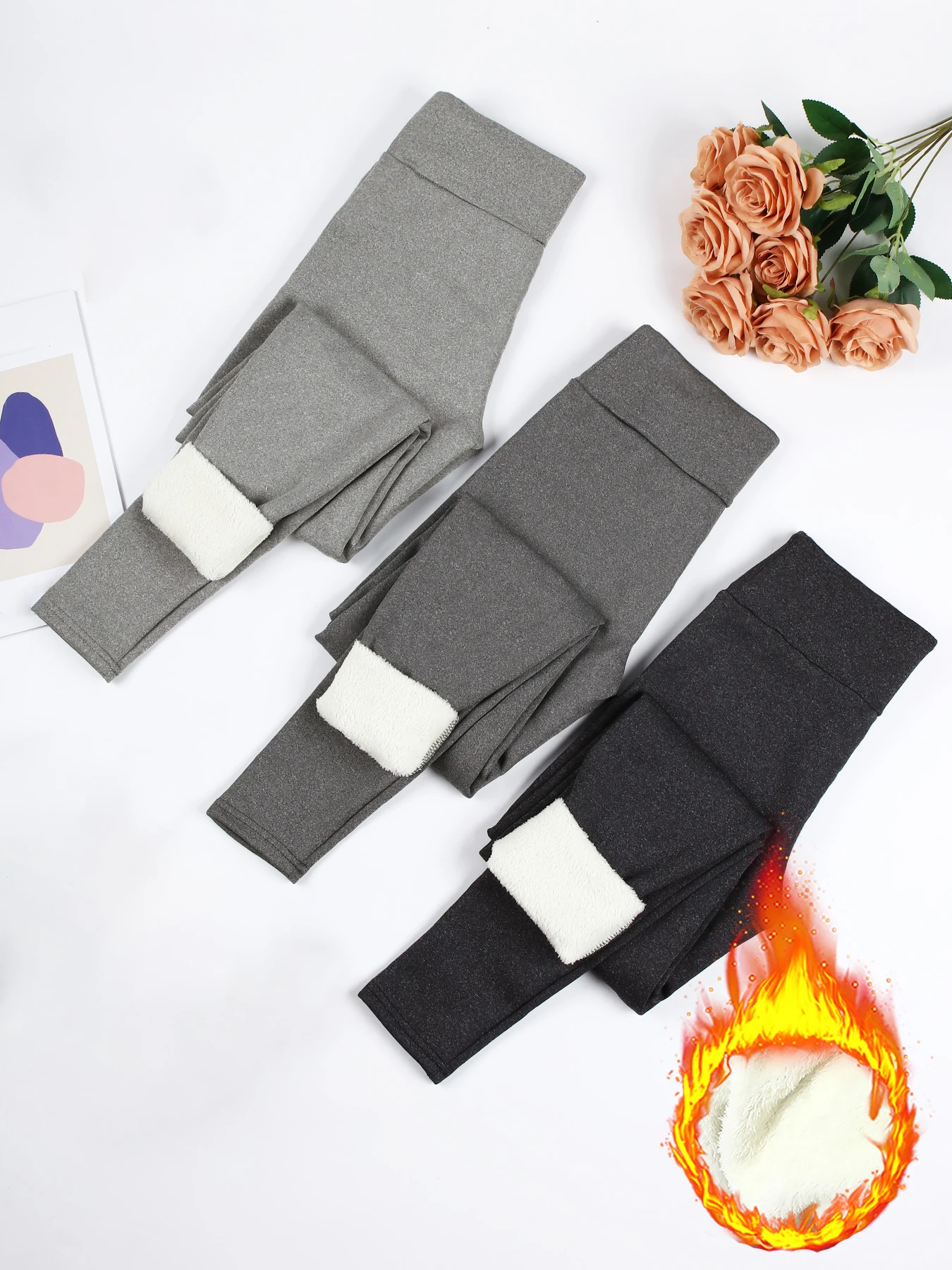 Autumn And Winter Womens Solid Color With Plush And Thickened Warm Leggings Tummy Control Thick Elastic Pants Outdoors Tight