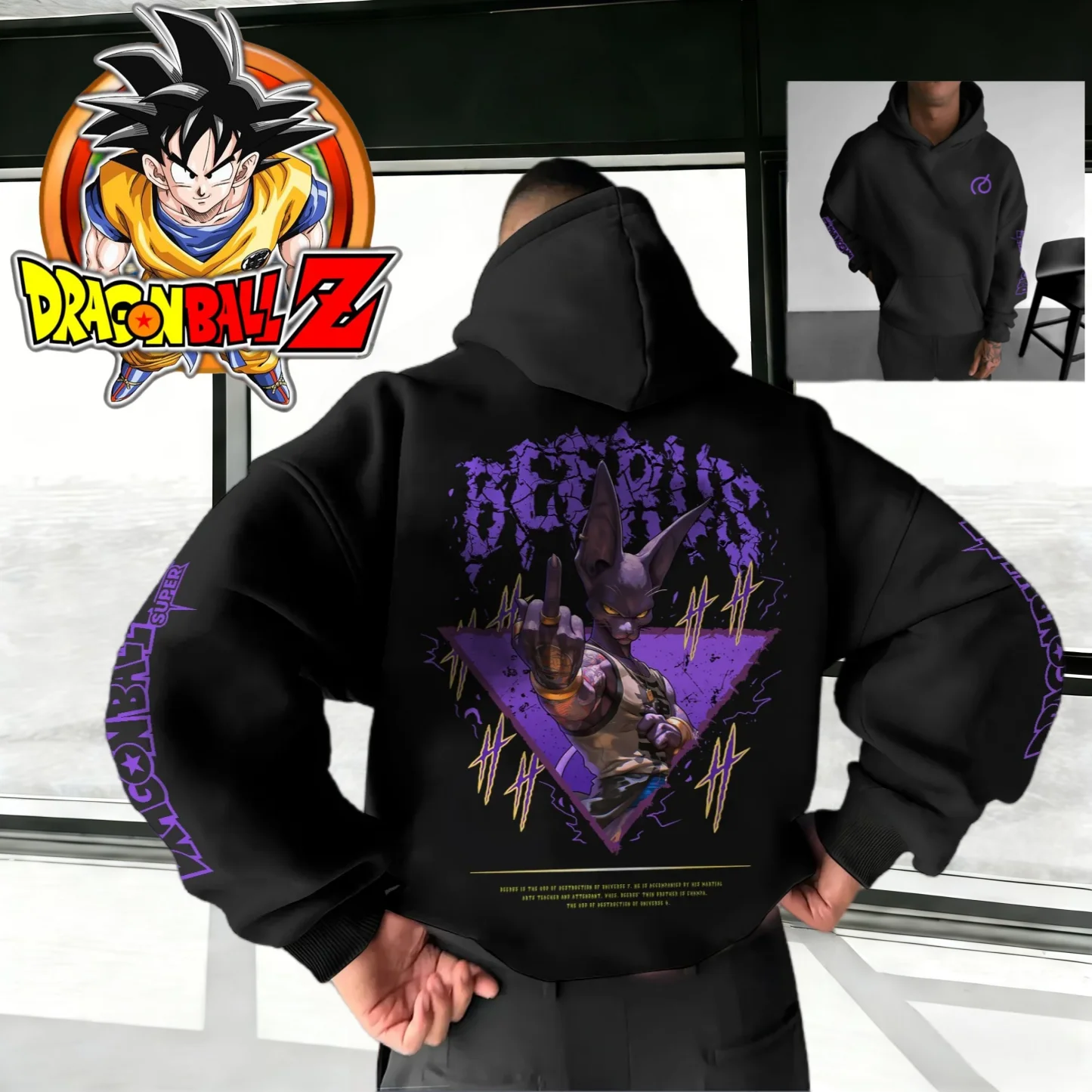 2026 Herbst Winter Dragon Ball Super Vintage Hoodie Hochwertig 100% Baumwolle Beerus-Print Unisex Oversized Casual Pullover