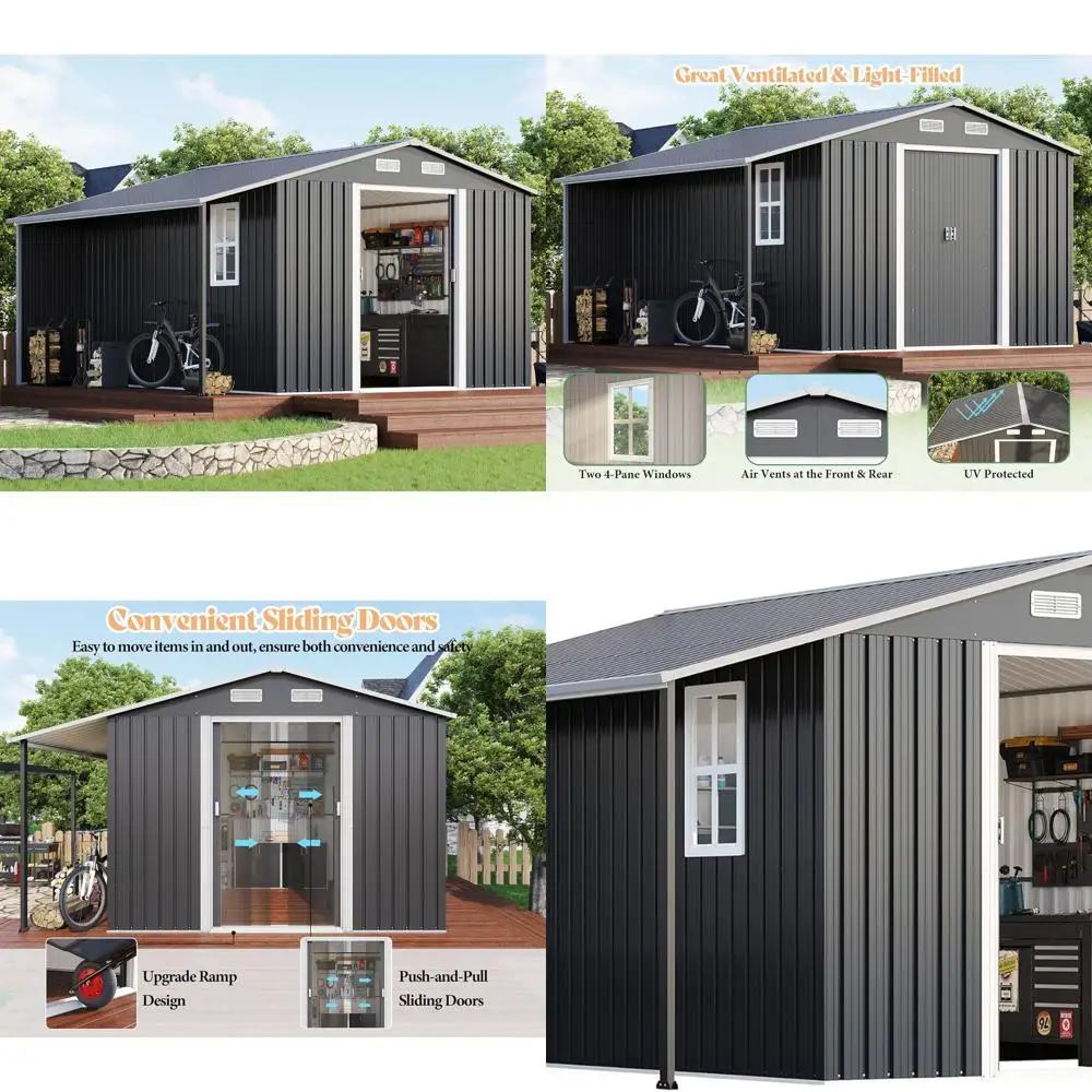 

Оцинкованный сарай для хранения вещей 10,6 x 10,3 x 6,3 дюйма с открытой площадкой из воздушного дерева, раздвижной дверью, 2 окна, вентиляционными отверстиями, устойчивый к атмосферным воздействиям уличный инструмент