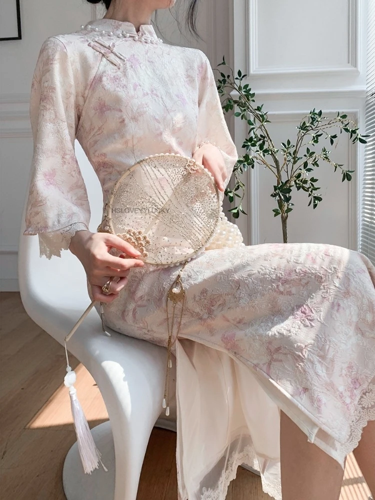 

Cheongsam Qipao Китайское платье Современное розовое улучшенное Cheongsam Ретро вечернее платье высокого класса Cheongsam Элегантное женское платье с цветочным принтом