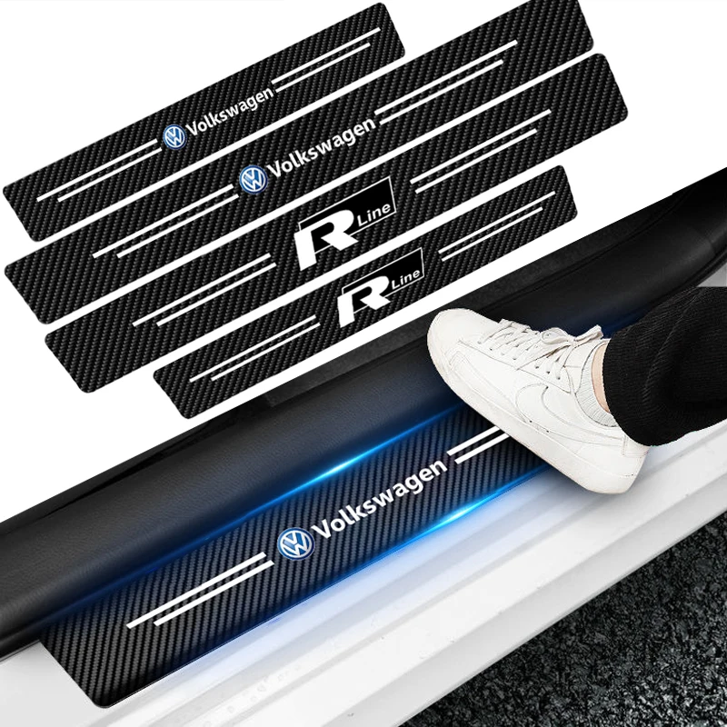 4PCS Leather Carbon Fiber Car Door Edge Sill Protector Strip Stickers For Volkswagen VW Rline Golf Polo CADDY Beetle Jetta GTI