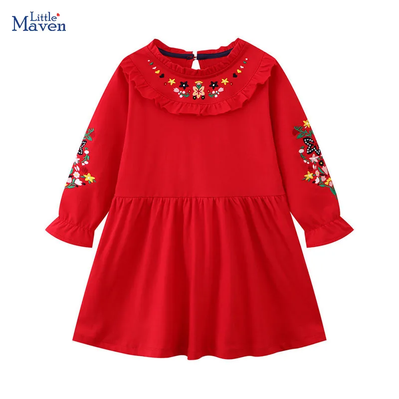 Little maven Long Sleeves Flower Embroidery Dress Baby Girls Spring Clothes Cotton for Kids Chinses Red New Years Dresses