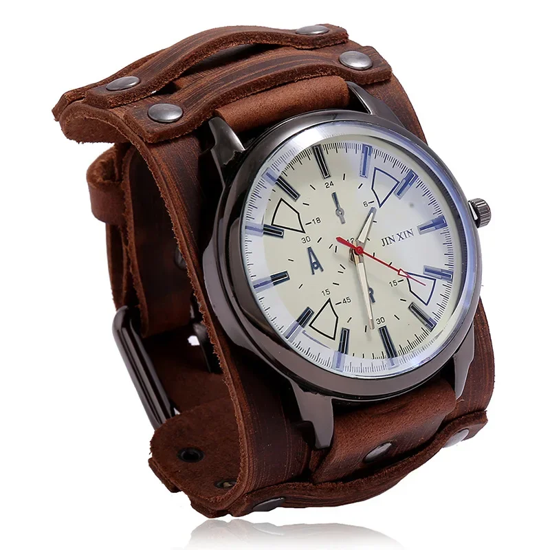 Mens Quartz Watches Luxury Wristwatch 2023 Cowhide Watchband Punk Style Watch for Men Wide Genuine Leather Bracelets Watch