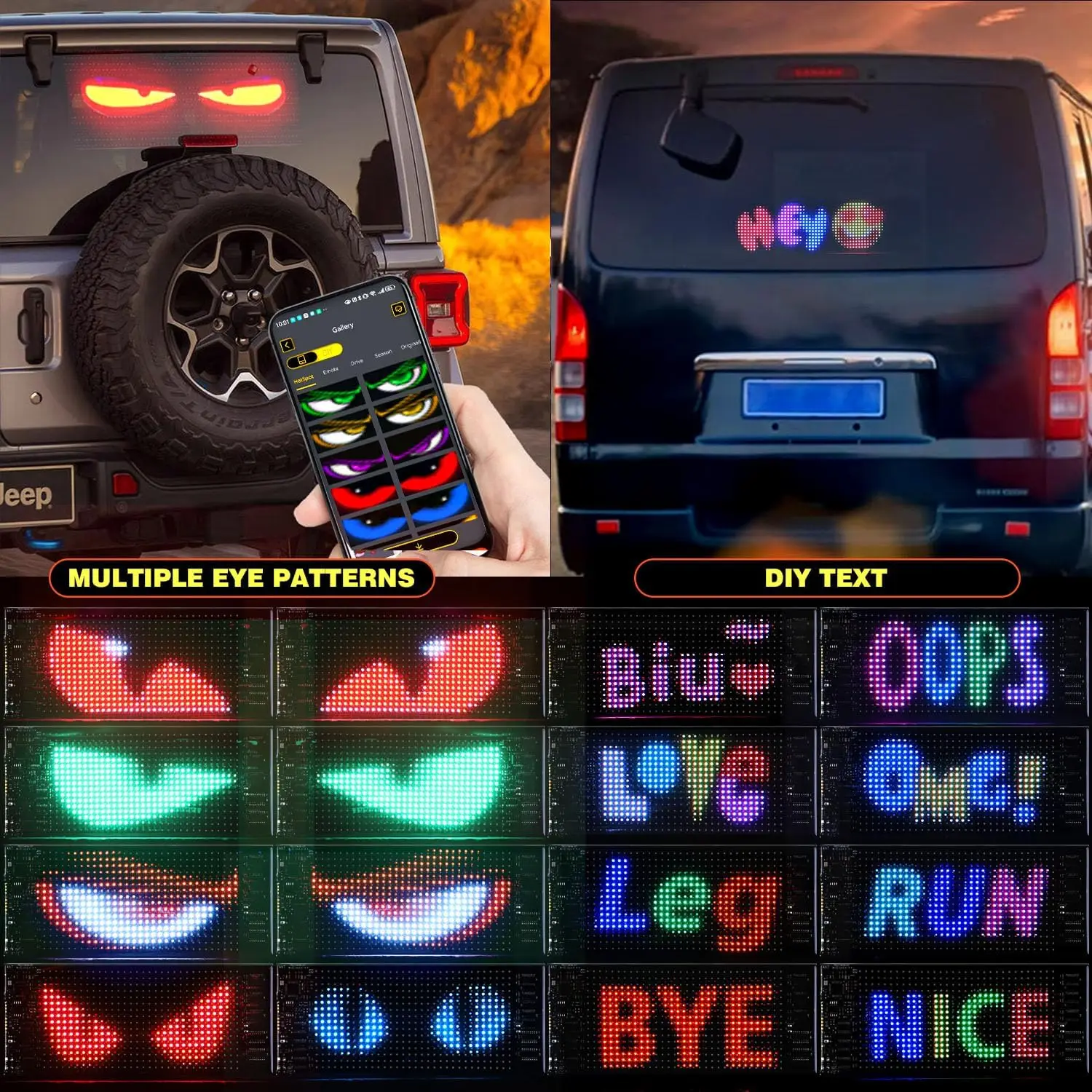 트럭 자동차 데빌 아이 LED 사인 자동차 스크롤 광고 USB 5V 블루투스 앱 제어 로고 조명 맞춤 텍스트 패턴 애니메이션