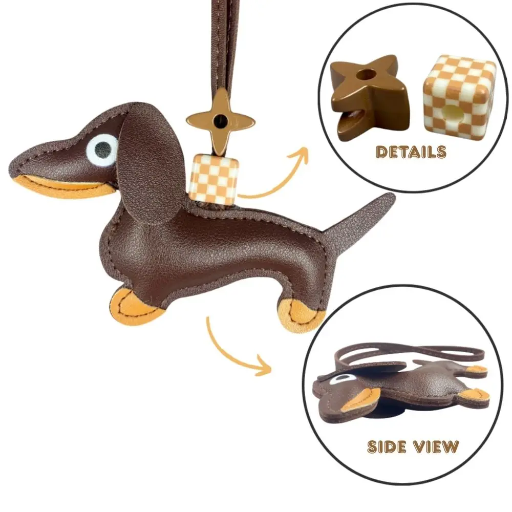 Llavero de cuero de perro salchicha con trébol de cuatro hojas y abalorio de cuentas a cuadros, costuras detalladas, regalo lindo único, cuero PU