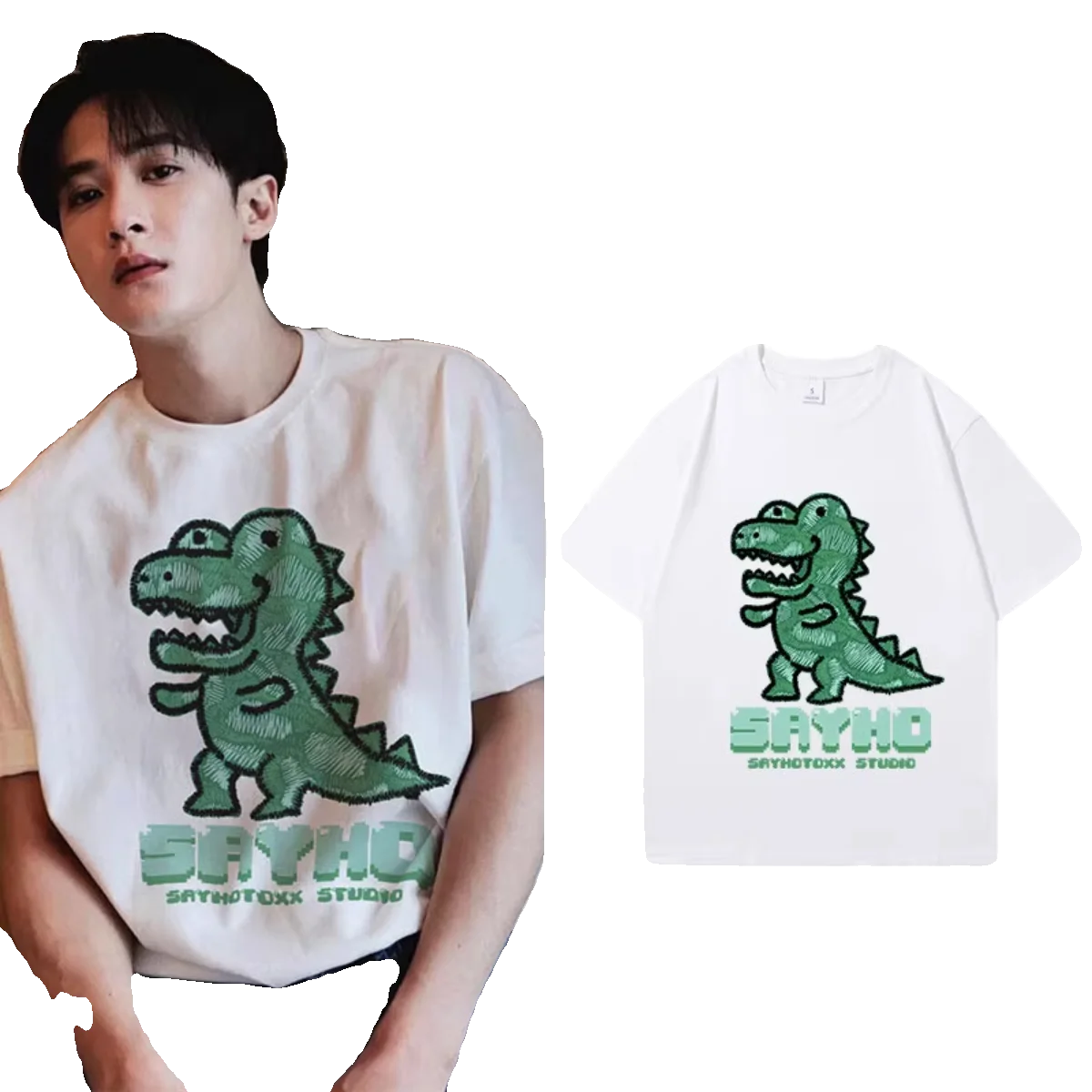 Camiseta de manga corta con estampado de dinosaurio para hombres y mujeres, Top de algodón, ropa de dibujos animados, regalo para fanáticos, Actor de China, Tan Jian Ci