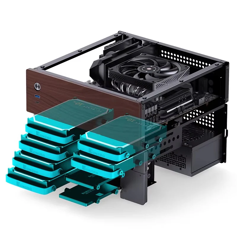 JONSBO N4 Black NAS Chassis M-ATX Motherboard SFX Power Slot 6 Large 2 Small Hard Drive Slots 120mmx1Fan Walnut Decorative Panel image 5