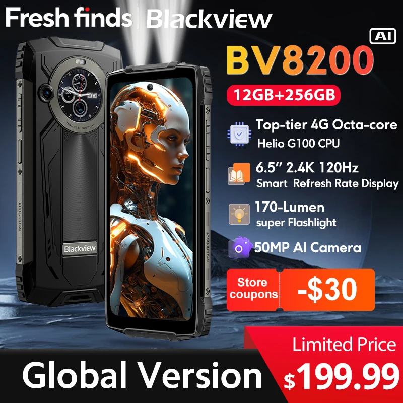 【เปิดตัวครั้งแรกในโลก】Blackview BV8200 สมาร์ทโฟนทนทาน หน้าจอ 6.5 นิ้ว 2.4K 120Hz Helio G100 12GB 256GB NFC ไฟฉาย Android 14 โทรศัพท์มือถือ