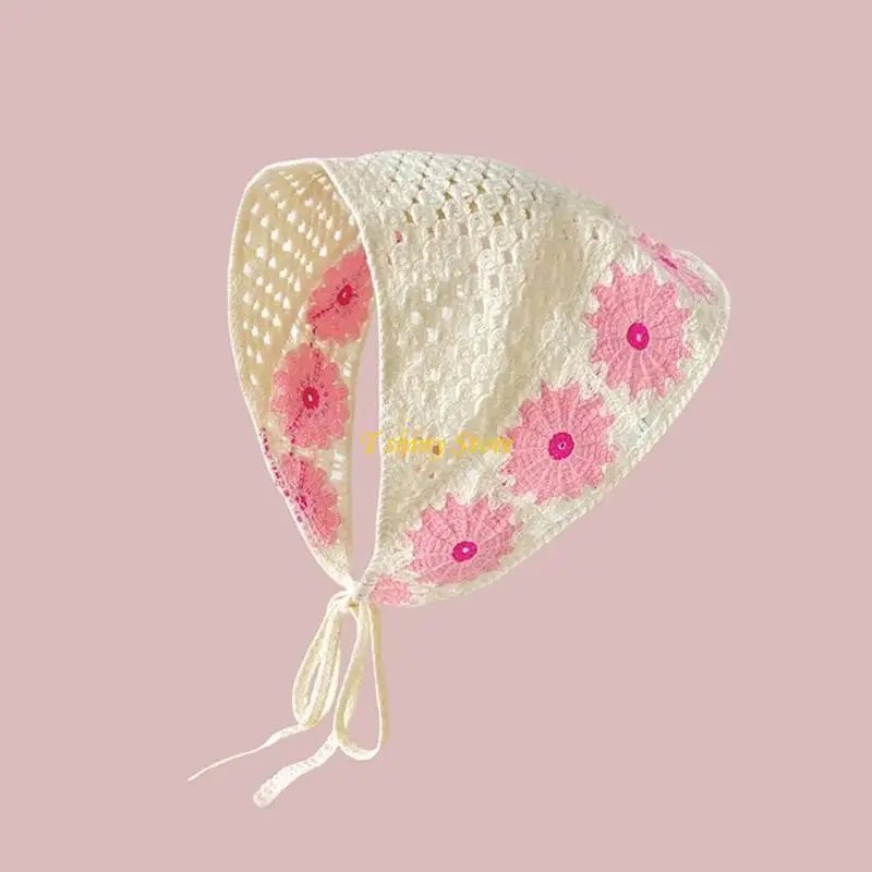 N58F Vintage Women Flower Hairband Knitted Triangle Scarf Sweet Elastic Hairbands Summer Travel Taking Photo Hair Accessories